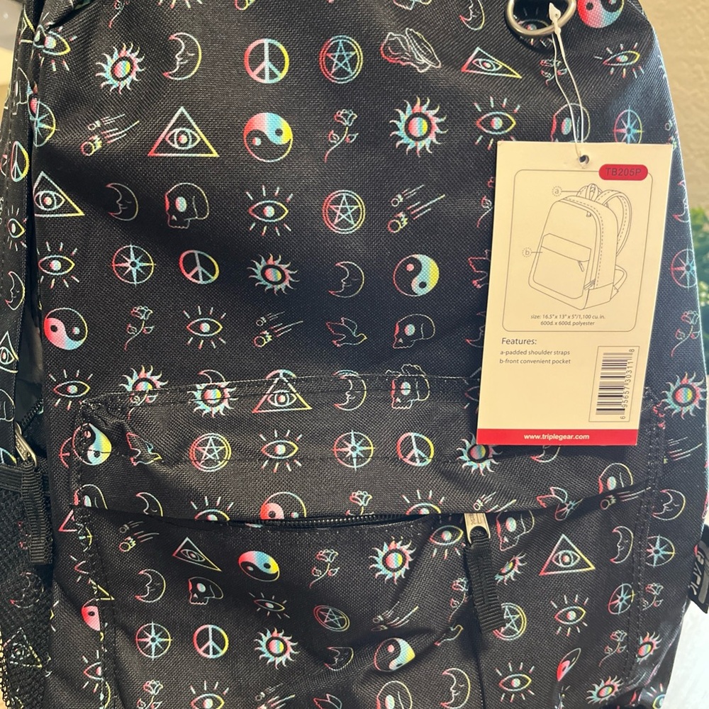 Stylish Black Backpack with Colorful Symbols